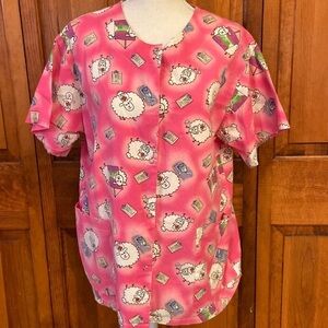 Friends of the Heart Cotton Sheep Scrub Jacket/Top Art-Deco Preowned Size Small